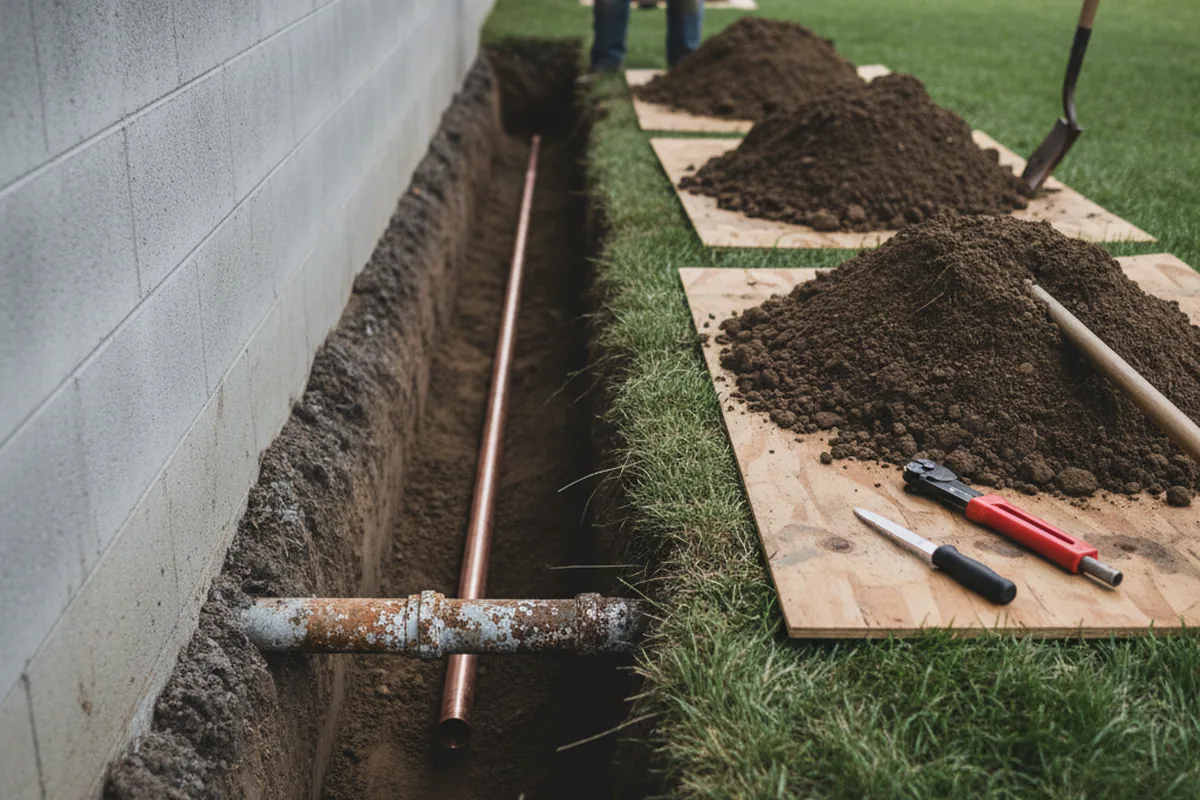 Excavated water line trench during Sewer Line Repair in Mill Village